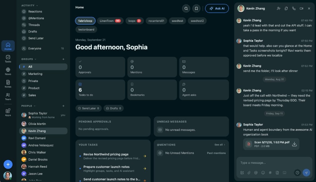 FabricLoop Mac app — Home with tasks, messages, and people in one workspace